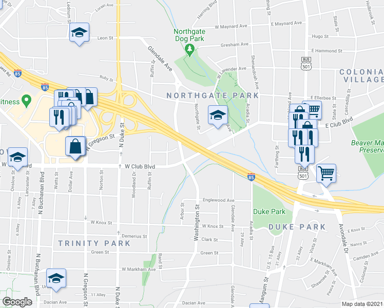 map of restaurants, bars, coffee shops, grocery stores, and more near 1810 Washington Street in Durham