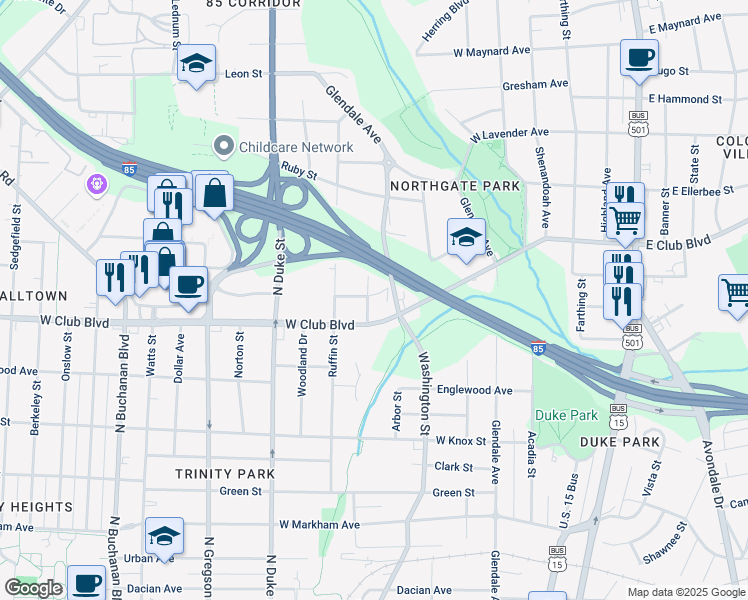 map of restaurants, bars, coffee shops, grocery stores, and more near 1605 Dexter Street in Durham
