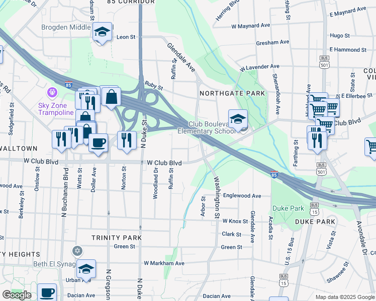 map of restaurants, bars, coffee shops, grocery stores, and more near 1605 Dexter Street in Durham
