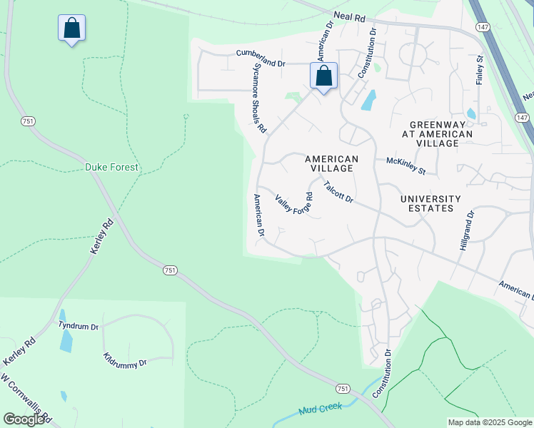 map of restaurants, bars, coffee shops, grocery stores, and more near 4428 American Drive in Durham