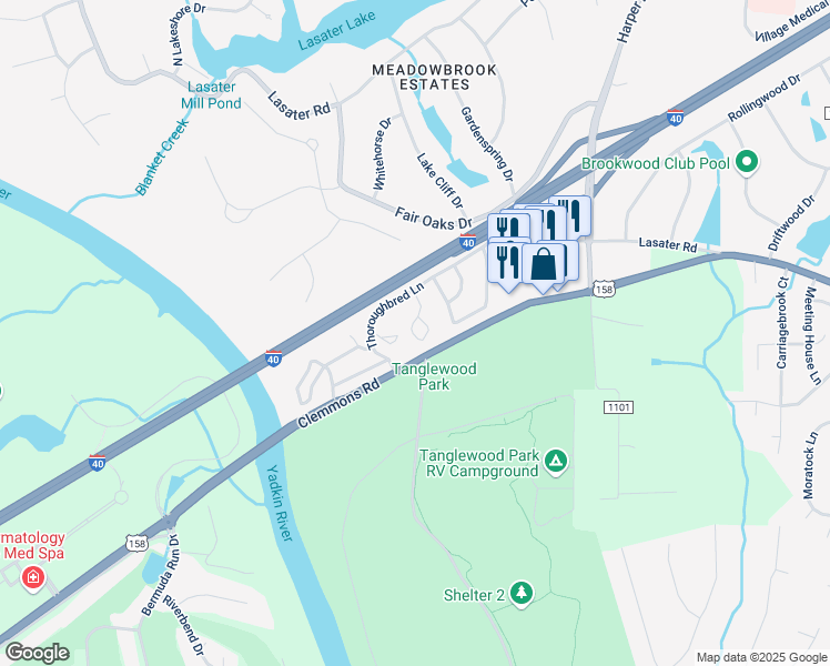 map of restaurants, bars, coffee shops, grocery stores, and more near 4010 Whirlaway Court in Clemmons