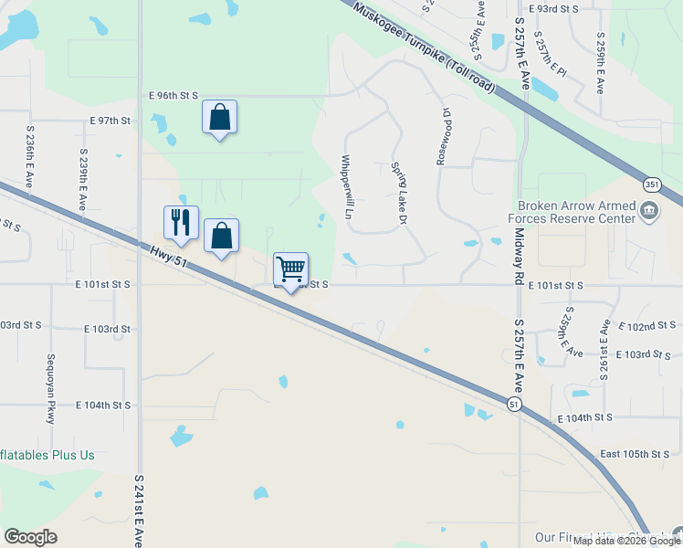 map of restaurants, bars, coffee shops, grocery stores, and more near 24997 Hickory Lane in Broken Arrow