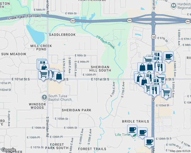 map of restaurants, bars, coffee shops, grocery stores, and more near 7113 East 100th Place in Tulsa