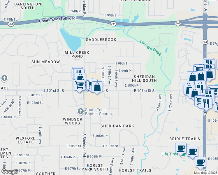 map of restaurants, bars, coffee shops, grocery stores, and more near 10028 South 68th East Avenue in Tulsa