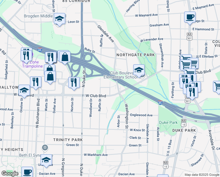 map of restaurants, bars, coffee shops, grocery stores, and more near 1514 Dexter Street in Durham
