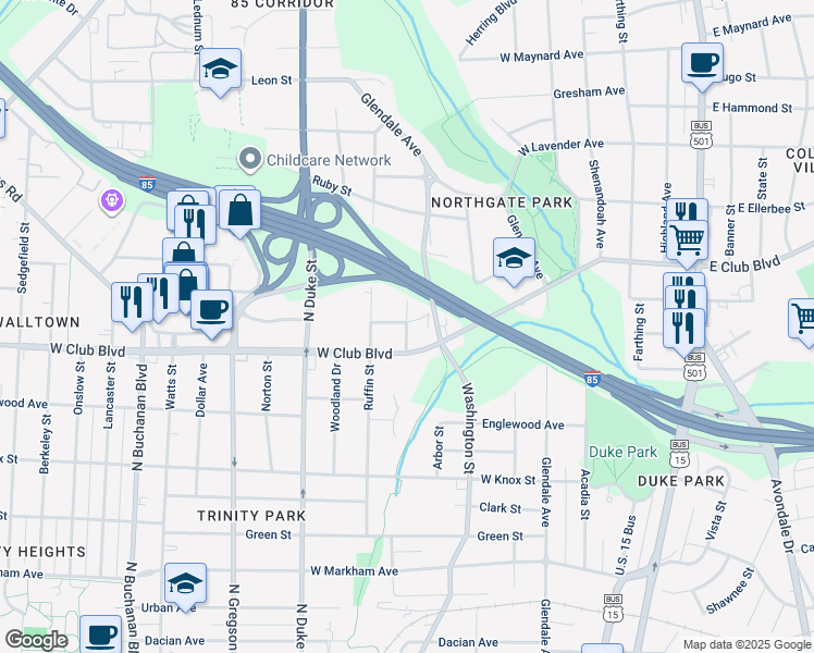 map of restaurants, bars, coffee shops, grocery stores, and more near 1514 Dexter Street in Durham