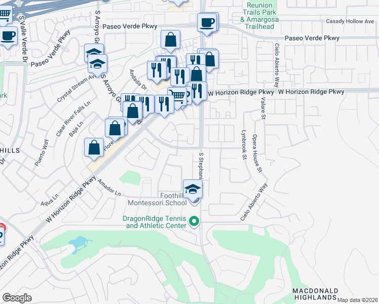 map of restaurants, bars, coffee shops, grocery stores, and more near 1450 Amador Lane in Henderson