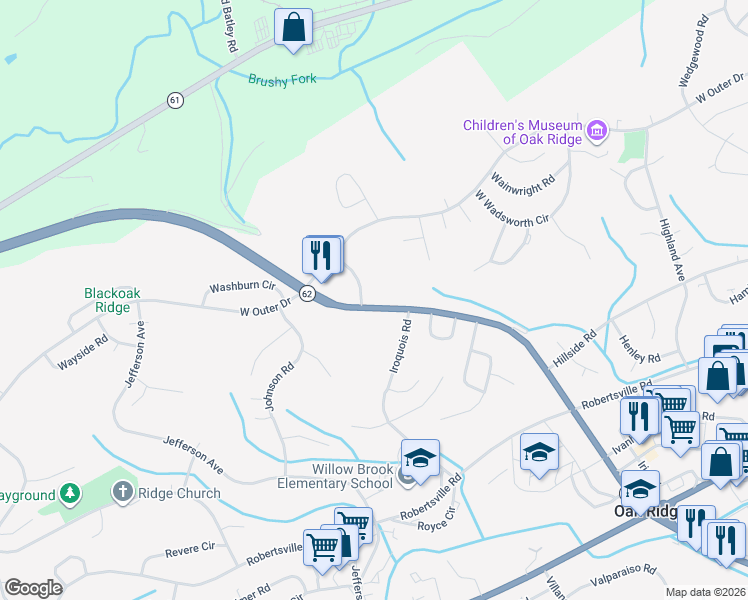 map of restaurants, bars, coffee shops, grocery stores, and more near 106 Ivy Lane in Oak Ridge