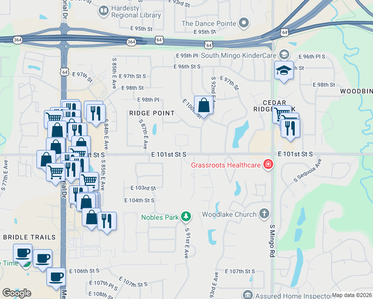 map of restaurants, bars, coffee shops, grocery stores, and more near 10031 South 90th East Avenue in Tulsa
