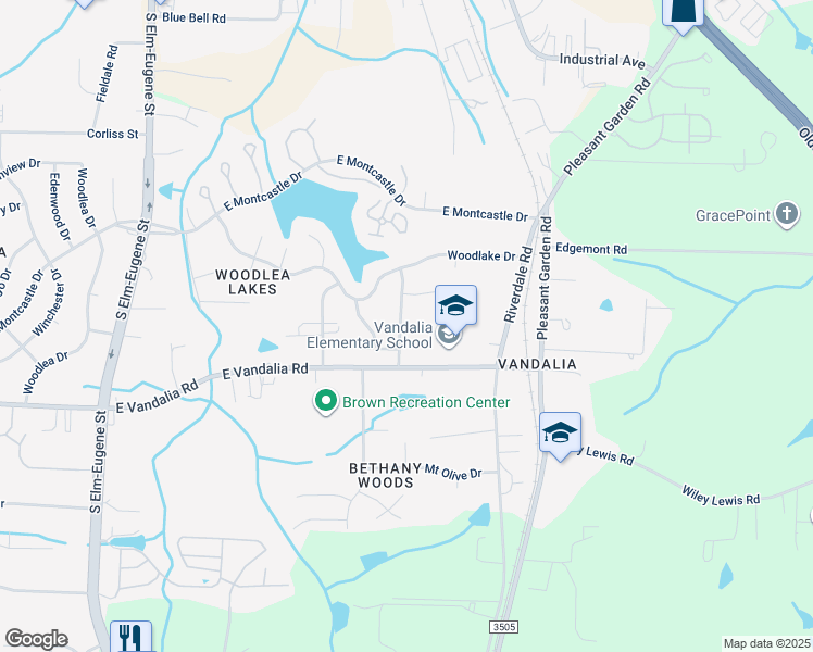 map of restaurants, bars, coffee shops, grocery stores, and more near 3007 Woodbluff Drive in Greensboro