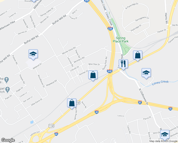 map of restaurants, bars, coffee shops, grocery stores, and more near 5216 Sinclair Drive in Knoxville