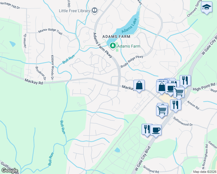 map of restaurants, bars, coffee shops, grocery stores, and more near 5512 Traders Way in Greensboro