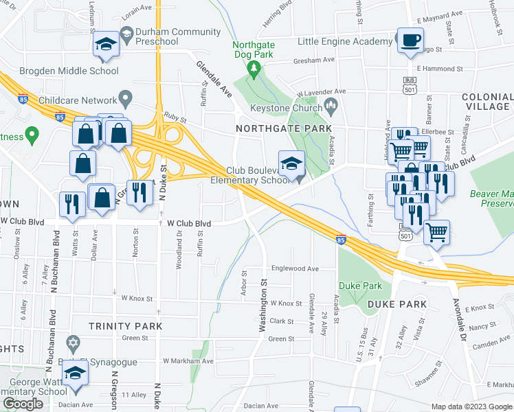 map of restaurants, bars, coffee shops, grocery stores, and more near 1810 Washington Street in Durham