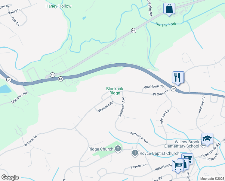 map of restaurants, bars, coffee shops, grocery stores, and more near 119 Wellington Circle in Oak Ridge