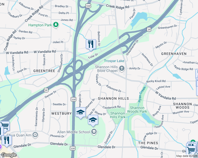 map of restaurants, bars, coffee shops, grocery stores, and more near 3912 Galway Drive in Greensboro
