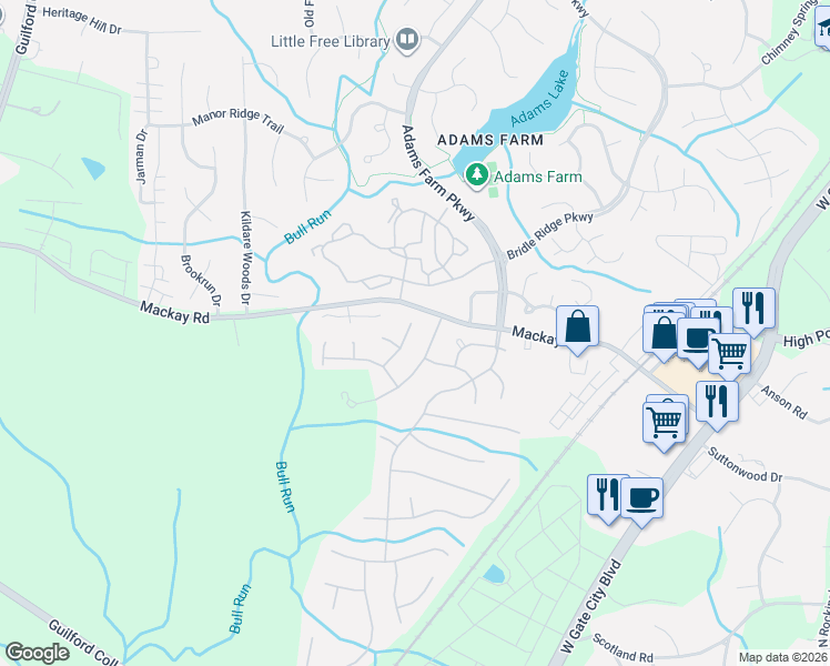 map of restaurants, bars, coffee shops, grocery stores, and more near 20 Hickory Knoll Court in Greensboro