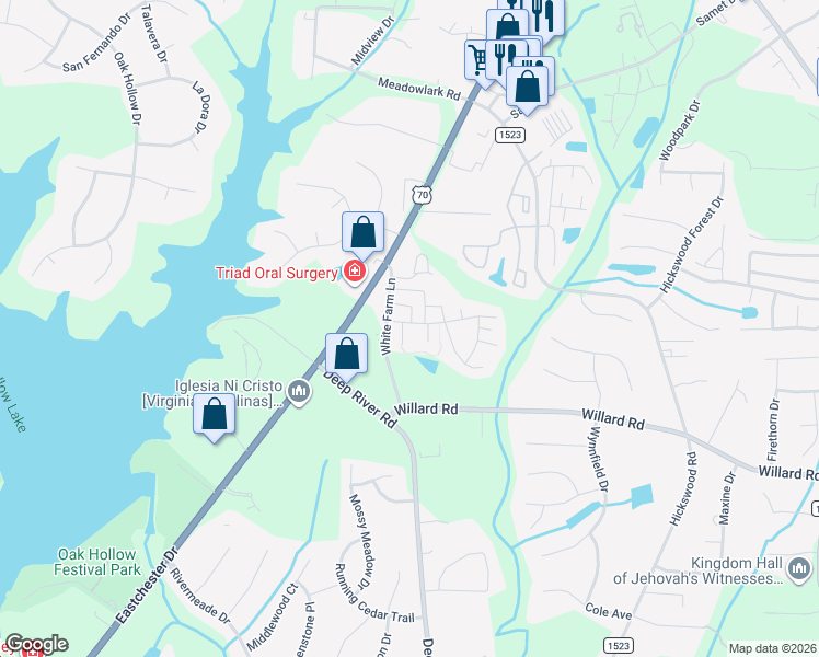 map of restaurants, bars, coffee shops, grocery stores, and more near 3467 Limestone Court in High Point