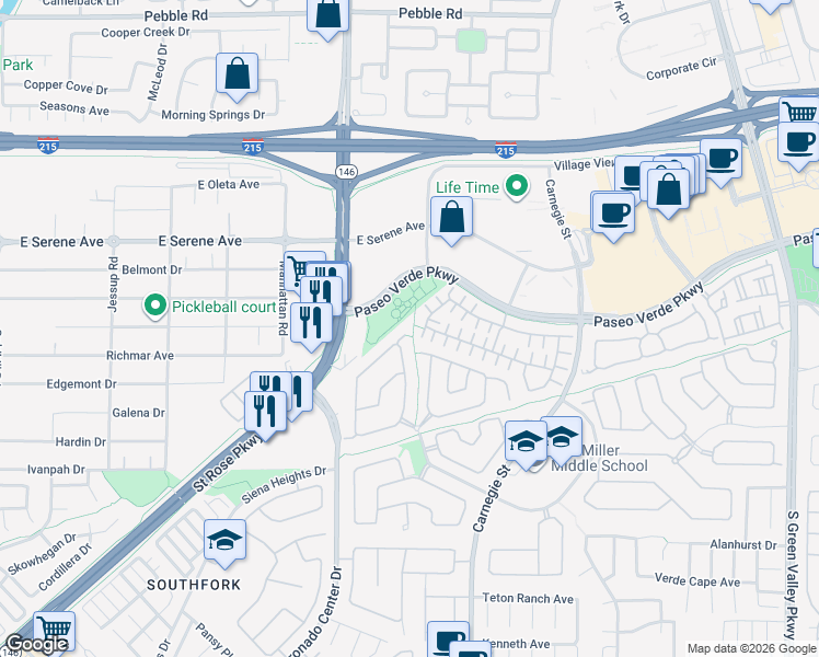 map of restaurants, bars, coffee shops, grocery stores, and more near 249 Fair Play Street in Henderson