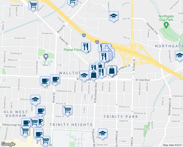 map of restaurants, bars, coffee shops, grocery stores, and more near 1310 Lancaster Street in Durham