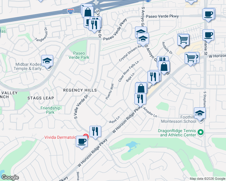 map of restaurants, bars, coffee shops, grocery stores, and more near 1811 Puerto Way in Henderson