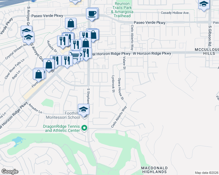 map of restaurants, bars, coffee shops, grocery stores, and more near 343 South Arroyo Grande Boulevard in Henderson
