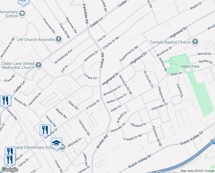 map of restaurants, bars, coffee shops, grocery stores, and more near 1104 Highland Drive in Knoxville