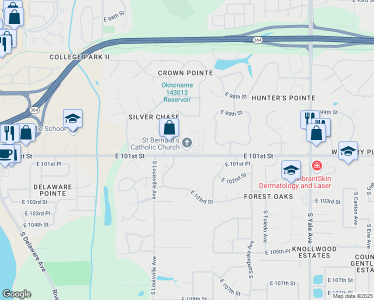 map of restaurants, bars, coffee shops, grocery stores, and more near 4001 East 101st Street in Tulsa