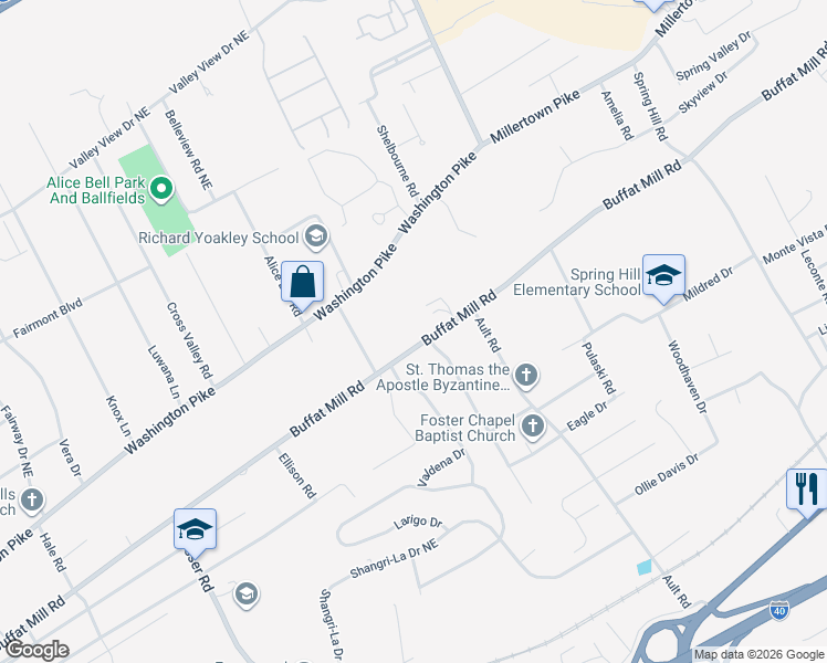 map of restaurants, bars, coffee shops, grocery stores, and more near 4047 Buffat Mill Road in Knoxville