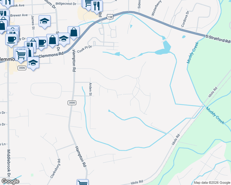 map of restaurants, bars, coffee shops, grocery stores, and more near 6102 Arden Drive in Clemmons