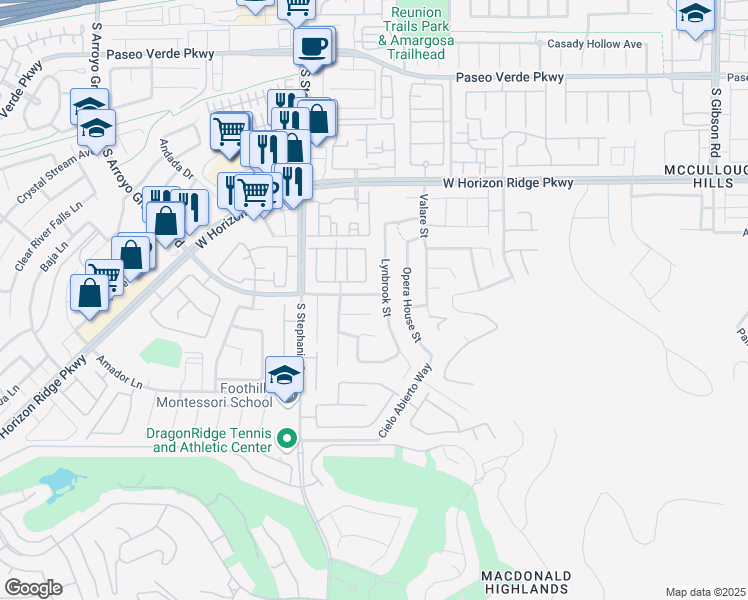 map of restaurants, bars, coffee shops, grocery stores, and more near 343 South Arroyo Grande Boulevard in Henderson