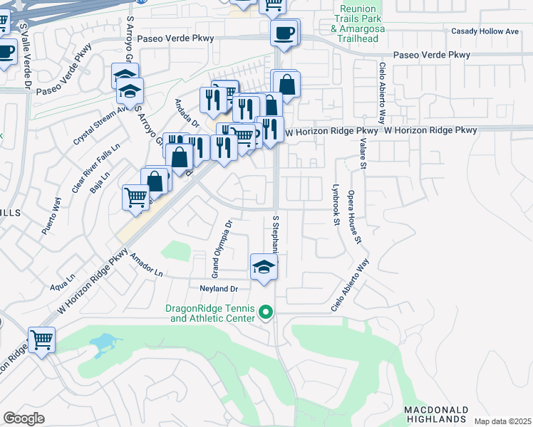 map of restaurants, bars, coffee shops, grocery stores, and more near 1450 Amador Lane in Henderson