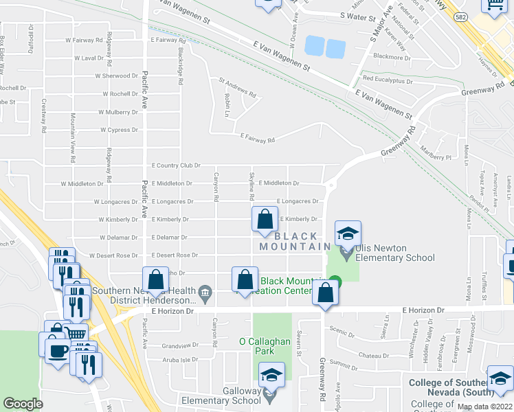 map of restaurants, bars, coffee shops, grocery stores, and more near 301 East Longacres Drive in Henderson