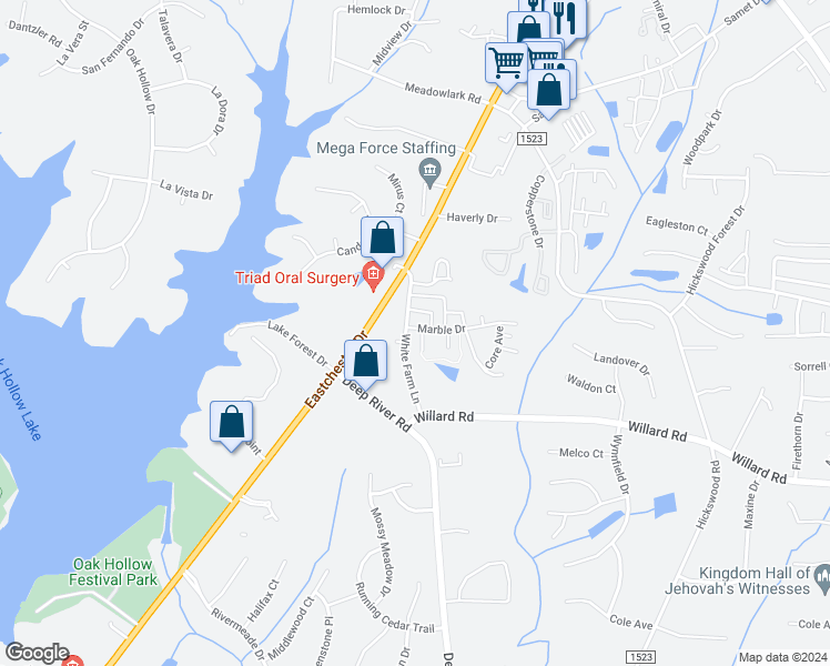 map of restaurants, bars, coffee shops, grocery stores, and more near 3467 Limestone Court in High Point