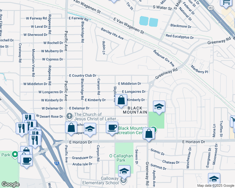 map of restaurants, bars, coffee shops, grocery stores, and more near 301 East Longacres Drive in Henderson
