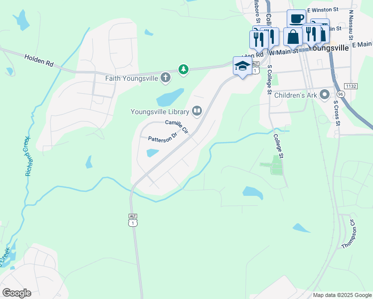 map of restaurants, bars, coffee shops, grocery stores, and more near 205 Blue Heron Drive in Youngsville