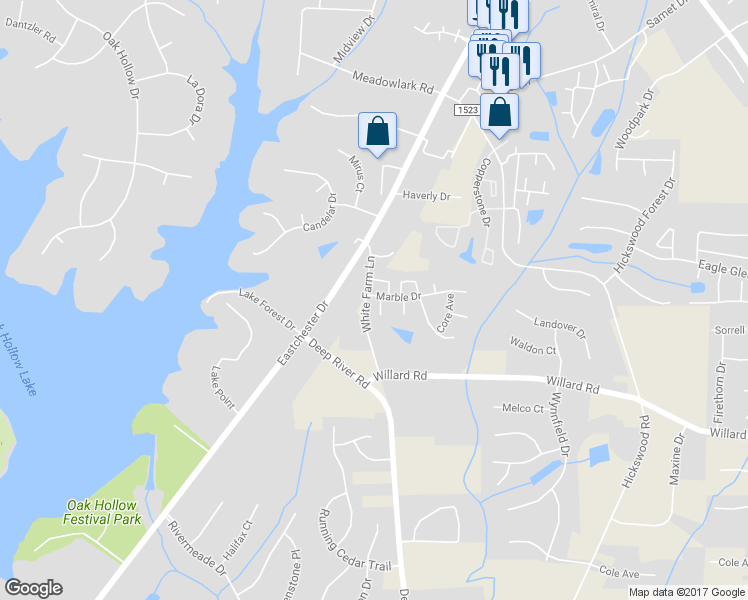 map of restaurants, bars, coffee shops, grocery stores, and more near 3467 Limestone Court in High Point