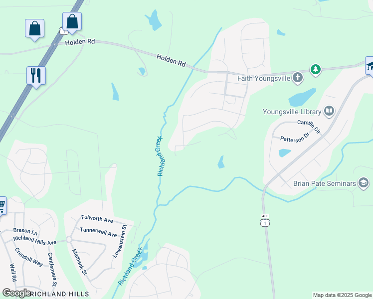 map of restaurants, bars, coffee shops, grocery stores, and more near 621 Porter Hill Drive in Youngsville