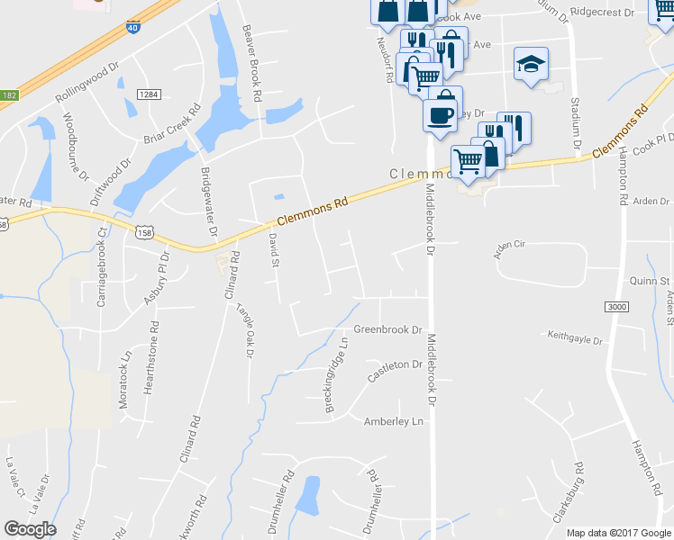 map of restaurants, bars, coffee shops, grocery stores, and more near 6899 Gray Moss Court in Clemmons