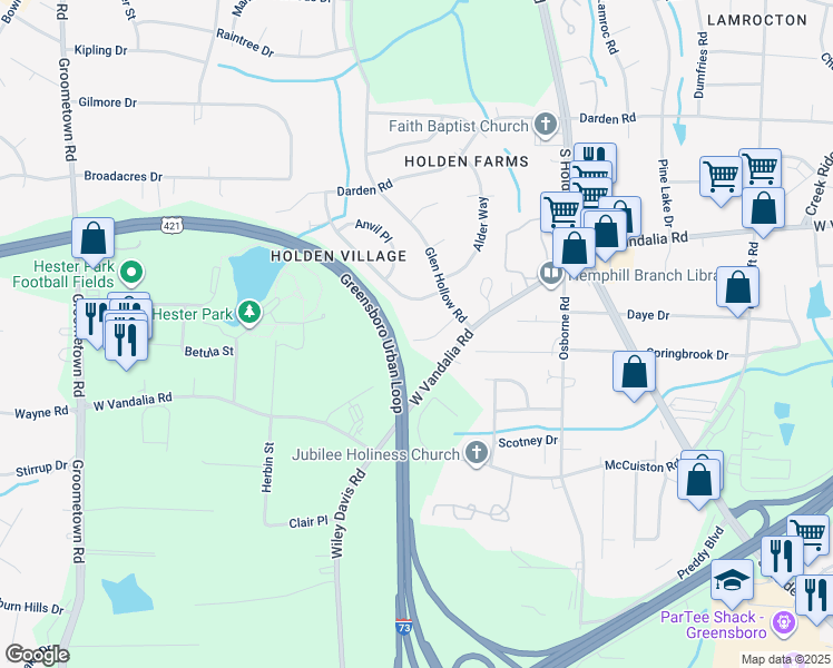 map of restaurants, bars, coffee shops, grocery stores, and more near 12 Bellows Court in Greensboro