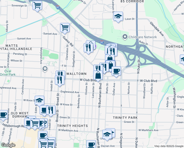 map of restaurants, bars, coffee shops, grocery stores, and more near 1315 Lancaster Street in Durham