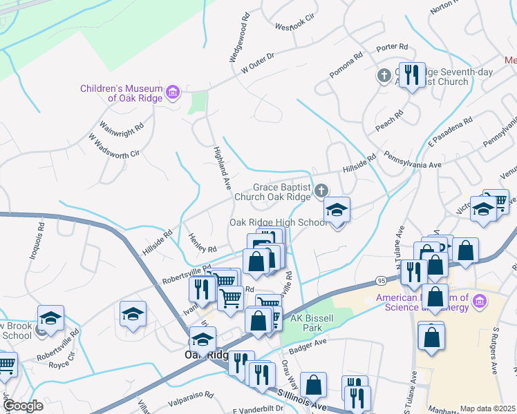 map of restaurants, bars, coffee shops, grocery stores, and more near 162 Hamilton Circle in Oak Ridge