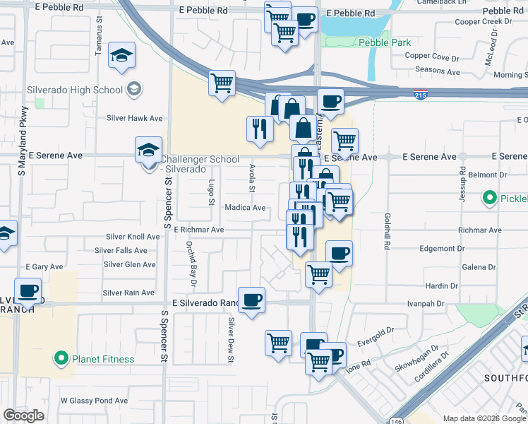 map of restaurants, bars, coffee shops, grocery stores, and more near 2175 Madica Avenue in Las Vegas