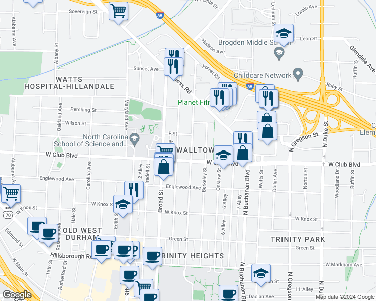map of restaurants, bars, coffee shops, grocery stores, and more near 1209 Sedgefield Street in Durham