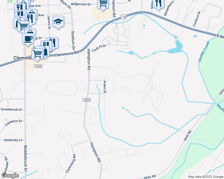 map of restaurants, bars, coffee shops, grocery stores, and more near 4240 Quartersaw Lane in Clemmons