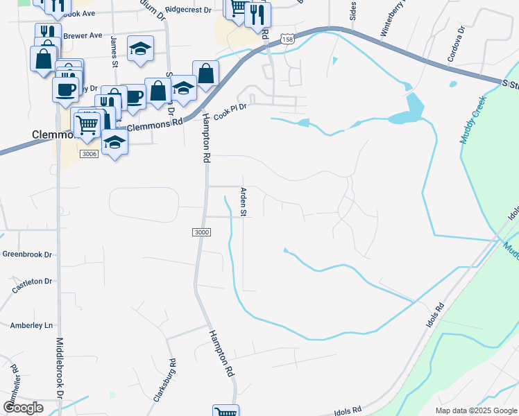 map of restaurants, bars, coffee shops, grocery stores, and more near 4240 Quartersaw Lane in Clemmons