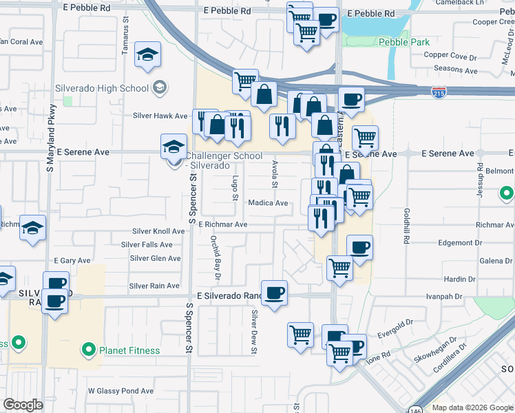 map of restaurants, bars, coffee shops, grocery stores, and more near 2073 Madica Avenue in Las Vegas