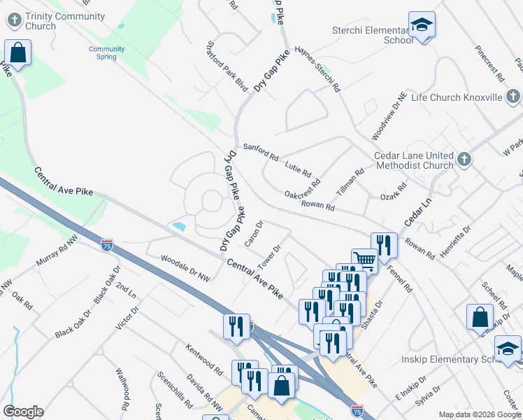 map of restaurants, bars, coffee shops, grocery stores, and more near 5624 Sierra Drive Northeast in Knoxville