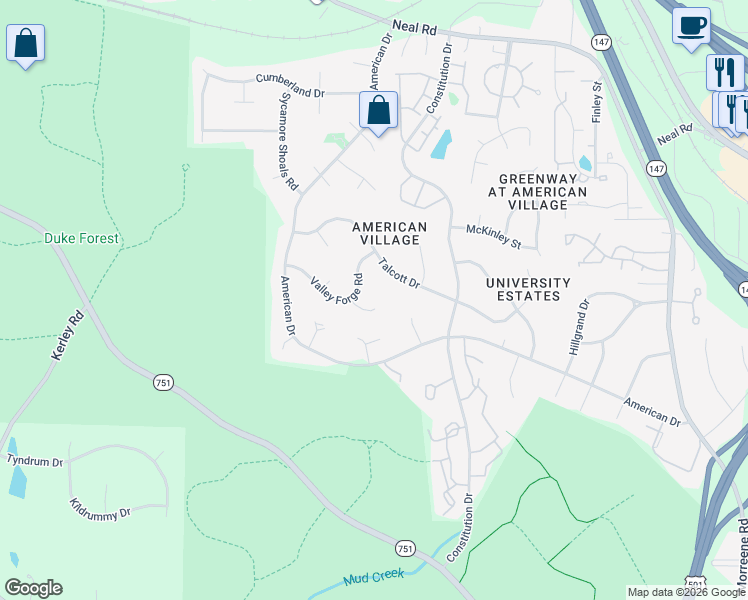 map of restaurants, bars, coffee shops, grocery stores, and more near 11 Kinsey Court in Durham