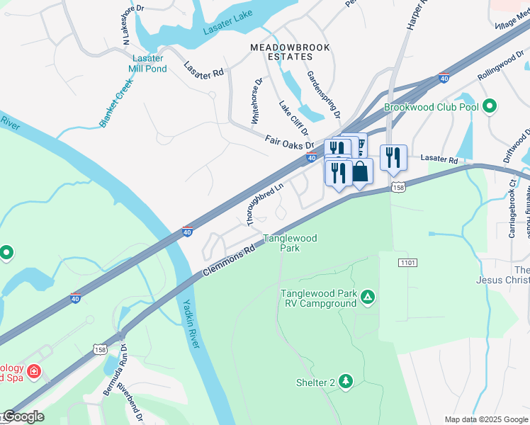 map of restaurants, bars, coffee shops, grocery stores, and more near 3801 Old Rosebud Court in Clemmons