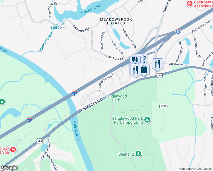 map of restaurants, bars, coffee shops, grocery stores, and more near 3801 Old Rosebud Court in Clemmons